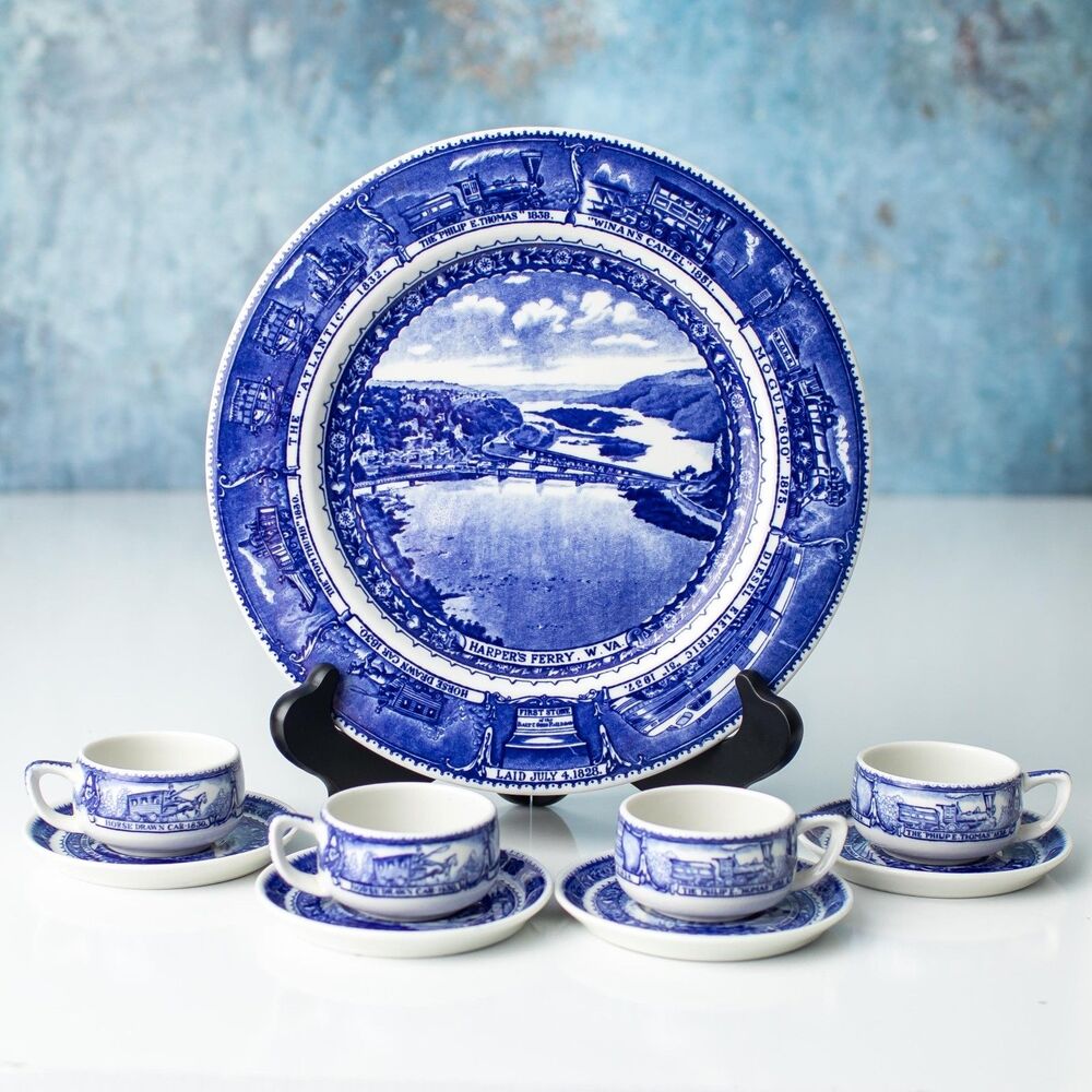 B&O Railroad Centennial 1927 Lamberton China Plate 4 Cups Saucers 9 Pc Set